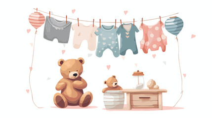 A baby shower illustration with a baby crib teddy b - obrazy, fototapety, plakaty