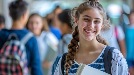 Obraz premium A joyful female student with a braid and holding books smiles in a crowded school setting