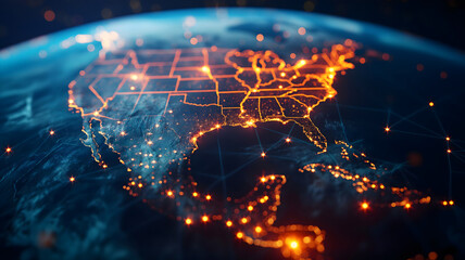 Abstract Digital world map, globe, focus on USA, America, concept of global connection, network and data transfer, technology and telecommunication, information flow	