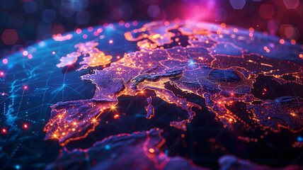 Abstract Digital world map, globe, focus on Europe,  concept of global connection, network and data transfer, technology and telecommunication, information flow	