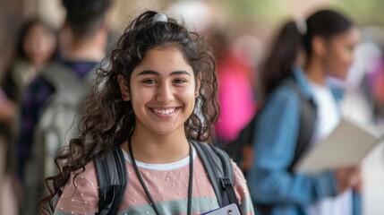 Fototapeta premium A curly-haired student with a backpack and papers smiles at the camera in a school setting