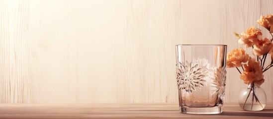 Textured glass tumbler on a wooden surface, vase with flowers on a soft-hued background. Graphic layout.