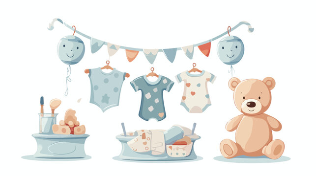 A baby shower illustration with a baby swing toys a
