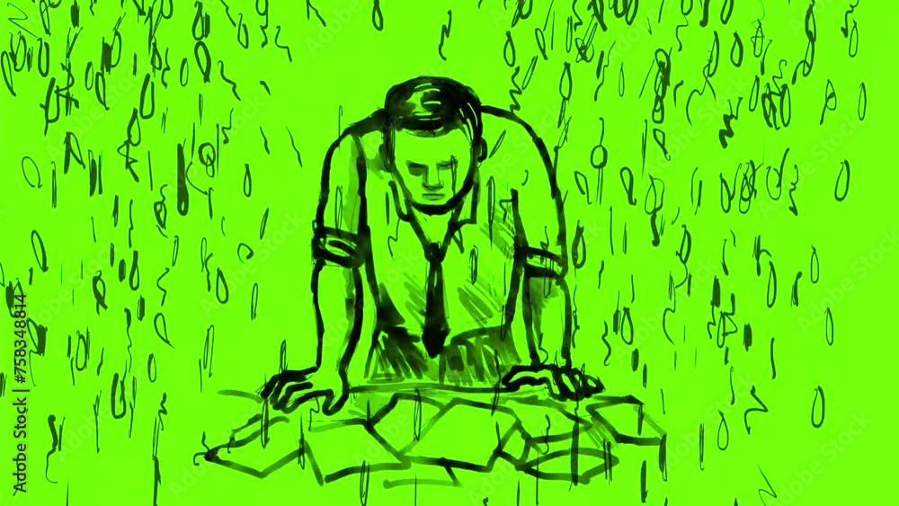 Poster 2d animation motion graphics showing a a depressed man or businessman brooding over bills on white s