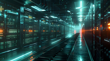 A futuristic data center, with details of the glowing servers, the blinking lights, and the cooling system.