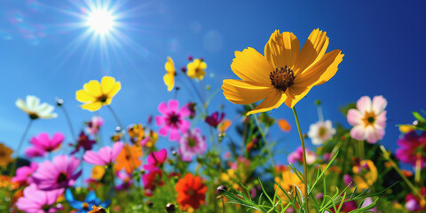 Fototapeta na wymiar A vibrant field of colorful cosmos flowers bathed in sunlight, with the bright blue sky as a backdrop