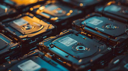 A close-up of a stack of hard drives, with details of the drives' labels, and the shallow depth of field.