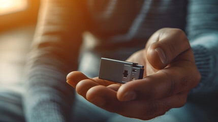 A person holding a USB drive, with details of the drive's small size, the person's hand, and the data transfer in progress.