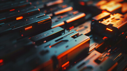 A close-up of a stack of hard drives, with details of the drives' labels, and the shallow depth of field.