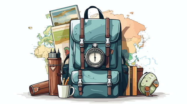 A backpack filled with travel essentials like a map