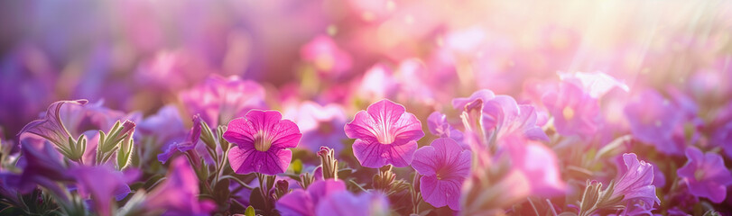 A lush garden of vibrant purple petunias basks in the warm glow of sunlight - obrazy, fototapety, plakaty