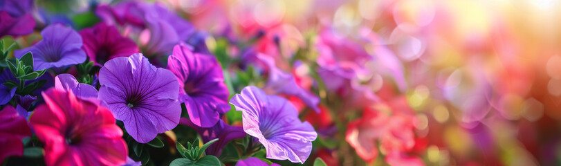 A lush garden of vibrant purple petunias basks in the warm glow of sunlight - obrazy, fototapety, plakaty