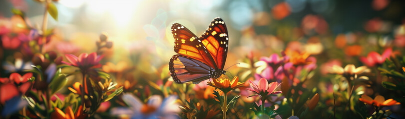 A vibrant butterfly perches among blooming flowers in a 3D-rendered garden - Powered by Adobe
