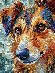 An artistic rendition in ceramic mosaic form, depicting the captivating gaze of a dog