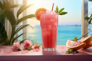 Obraz premium Quenching summer thirst: vibrant fruity drinks on ice, a refreshing blend of citrus, tropical flavors, and coolness for a perfect summer chill-out, deliciously tempting and visually appealing.