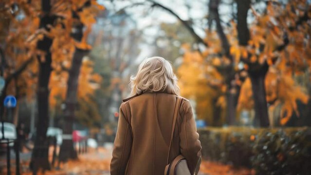 Blonde woman walking in the autumn park. Back view of a girl in a coat.