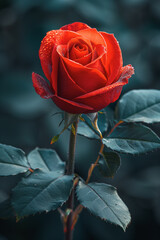 A single dark red rose bud stands poised against a dark background
