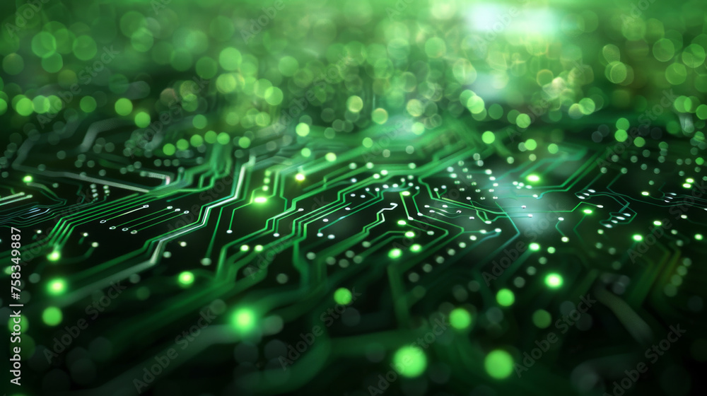 Aufkleber close-up view of an electronic circuit board with glowing green data pathways and technology abstrac