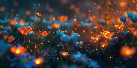 a 3D render of fantasy flowers glowing in the dark - obrazy, fototapety, plakaty