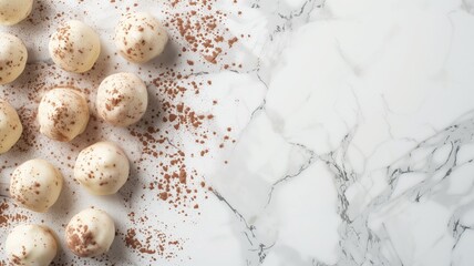 Elegant white chocolate truffles dusted with cocoa on a marble background, symbolizing luxury and indulgence