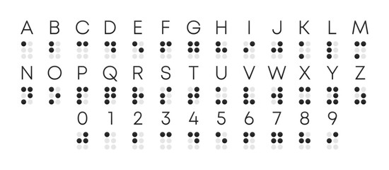 Fototapeta na wymiar Braille Alphabet. Visually impaired writing system symbols. Braille Language. Blind Reading. Help of handicapped people read. Vector Illustration.