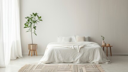 Minimalist White Bedroom with Potted Plant and Rug - obrazy, fototapety, plakaty