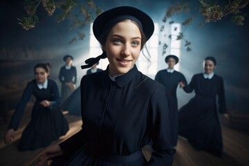 Obraz premium Portrayal of Amish people, traditional lifestyle, close bonds of community, rural simplicity, values of cultural richness, traditions of close-knit family friendly living group. village Country life.