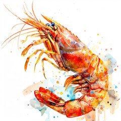 A vivid and colorful watercolor illustration of a prawn with dynamic splashes.