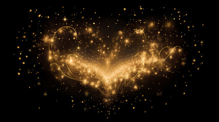 Glittery golden heart on black background with copy space