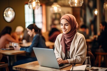 Fototapeta na wymiar young muslim woman in head scarf using laptop in cafe with friends - generative ai