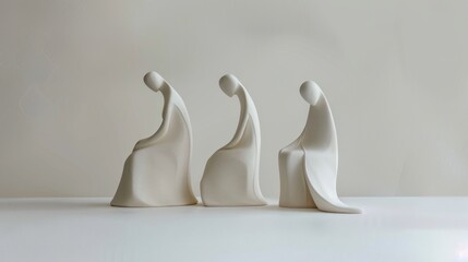 Three white ceramic figures sitting next to each other on a white surface against a white background. The figures have smooth, curved shapes.