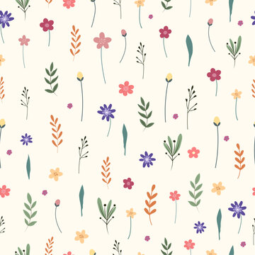 Cute hand drawn seamless floral pattern with flowers and leaves on a pastel background. Print for textile, fabric, wallpaper and paper. Summer and spring background