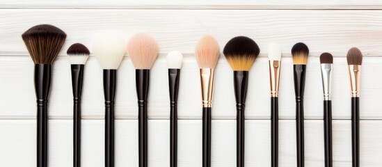 A line of makeup brushes in various shapes and sizes is arranged neatly on a clean white surface, creating a visually pleasing pattern reminiscent of musical instruments