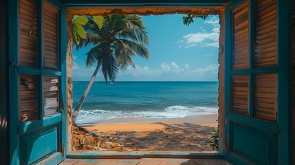 an open window with a view of a beach and palm trees.