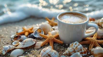 A clean white coffee cup in ocean beach with star fish and sea shells with a big copy space,