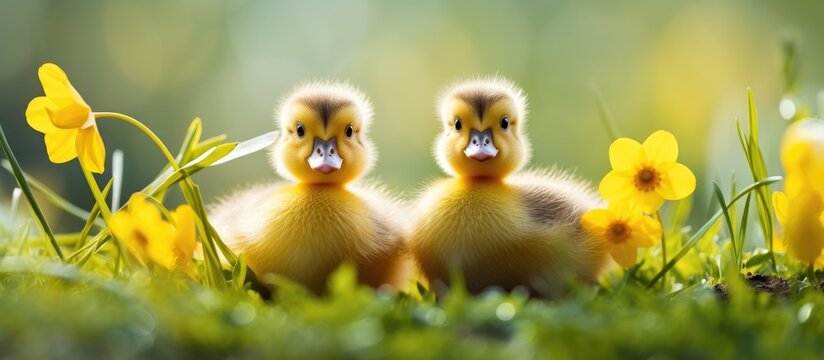 Two ducklings are happily sitting in the grass amongst yellow flowers, enjoying the natural landscape. These water birds are a delightful addition to any livestock or poultry collection