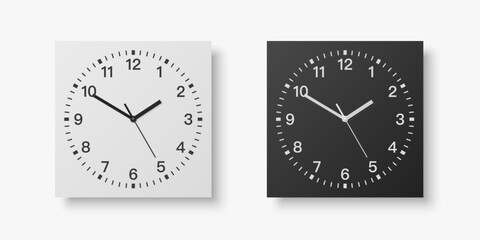 Vector 3d Realistic White, Black Square Wall Office Clock Set, Design Template Isolated On White. Dial With Roman Numerals. Mock-Up Of Wall Clock For Branding And Advertise Isolated. Clock Face Design