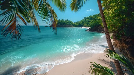 A line of palm trees framing white sand, against the background of a sparkling ocean,