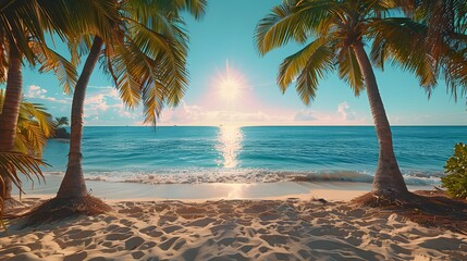 A line of palm trees framing white sand, against the background of a sparkling ocean,