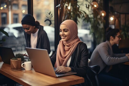 young muslim woman in head scarf using laptop in cafe with friends - generative ai