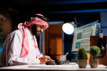 Side-view of a Muslim entrepreneur using a pen to write down notes received from his pc monitor....