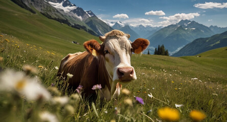 Fototapeta na wymiar Swiss Alps cow dairy cattle on a green meadow of Alps mountain under a blue sky on a sunny summer day.