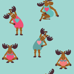 Seamless comic cartoon pattern with deer doing exercises. 