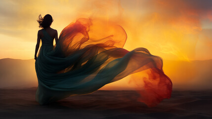 Abstract wind over a desert landscape with a woman in silhouette. Model concept.