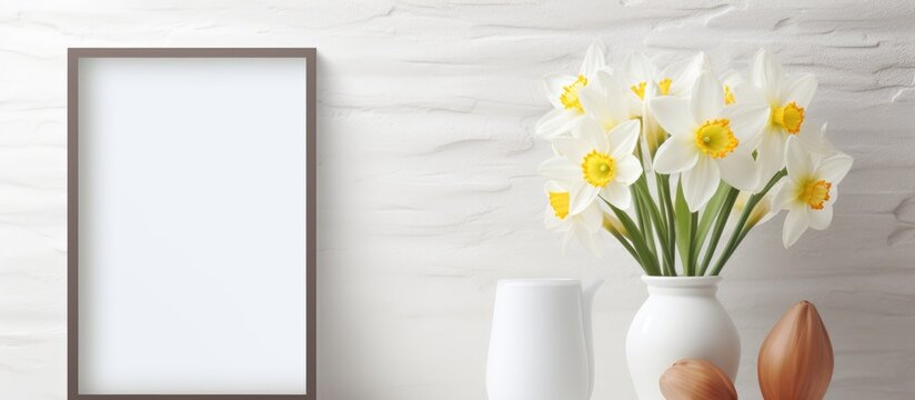 A beautiful bouquet of flowers sits in a vase next to a rectangular picture frame hanging on the wall. The flowers add a touch of nature and color to the room