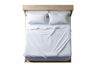 Comfortable double bed, white bed sheets and pillows. isolated on transparent background.