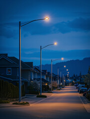 A Photo Of An Energy-Efficient LED Street Lighting System Being Installed In A Residential Area Reducing Electricity Consumption