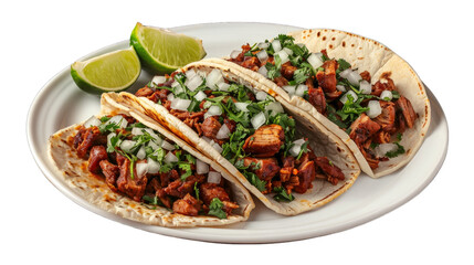 Al Pastor Tacos on a plate isolated on transparent png background. Generative ai 