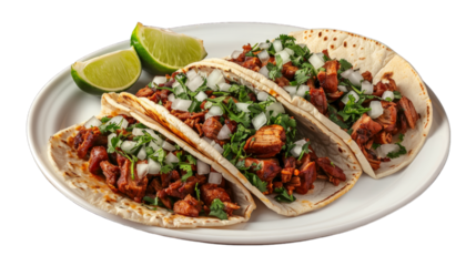 Al Pastor Tacos on a plate isolated on transparent png background. Generative ai 