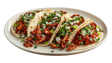 Al Pastor Tacos on a plate isolated on transparent png background. Generative ai 